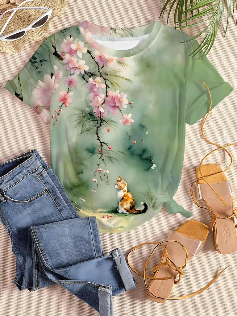 Women Light Pink T-shirt Cartoon Girl Bouquet Cherry Blossom Print Casual Crewneck Short Sleeve Daily Tops