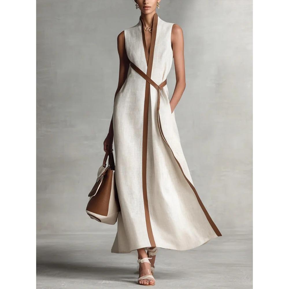 Damen Standkragen Ärmellos Unifarben Kontrastbänder Wickelgürtel Leinenmischung Maxikleid Elegant Pendler Täglich Urlaub Langes Sommerkleid