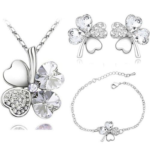 

Crystal Clover 4 Leaf leaves heart pendant Jewelry sets necklace earrings bracelet women lovers cute romantic gifts summer party серебро белый