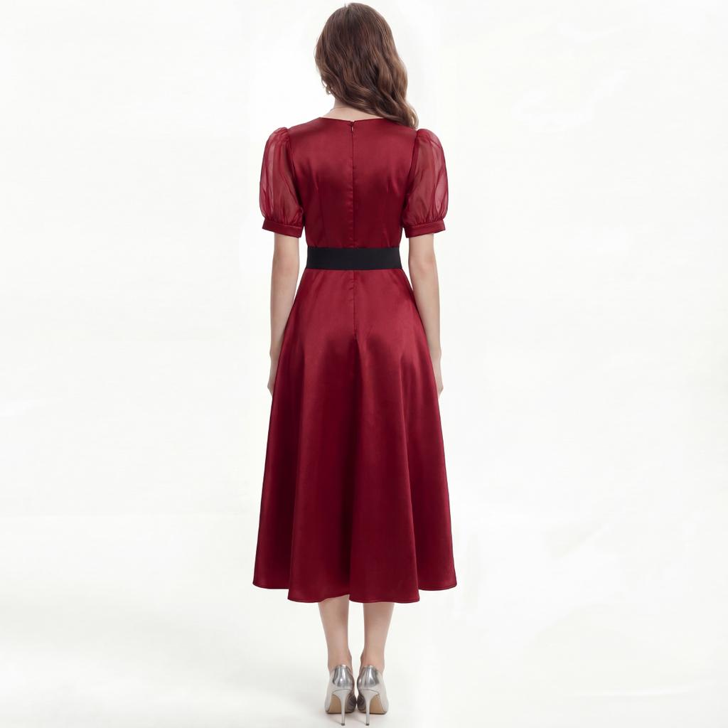Elegant Evening Party Dress Summer Women Cross V-Neck Puff Short Sleeve Satin High Waist Belt Lace Up Midi Dress