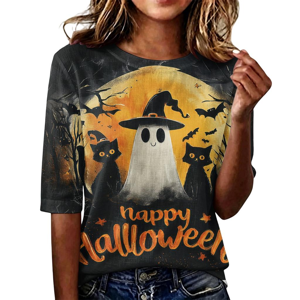 Women's Casual Loose Fit Short Sleeve T-Shirt Round Neck Lightweight Halloween Graphic Top for Everyday Wear