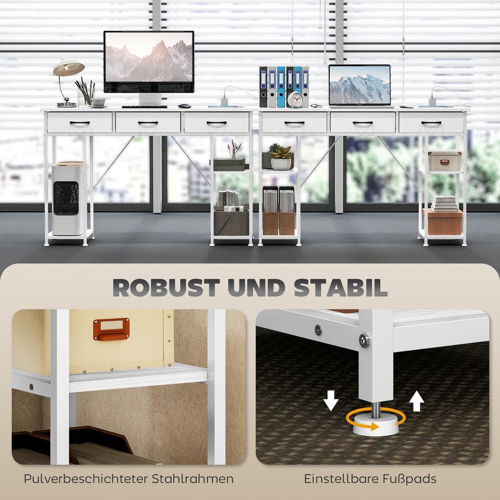 Desk Kitchen Table with 2 USB Charging Ports 2 Power Outlets Adjustable Shelves 3 Fabric Drawers 120x40x76 cm White