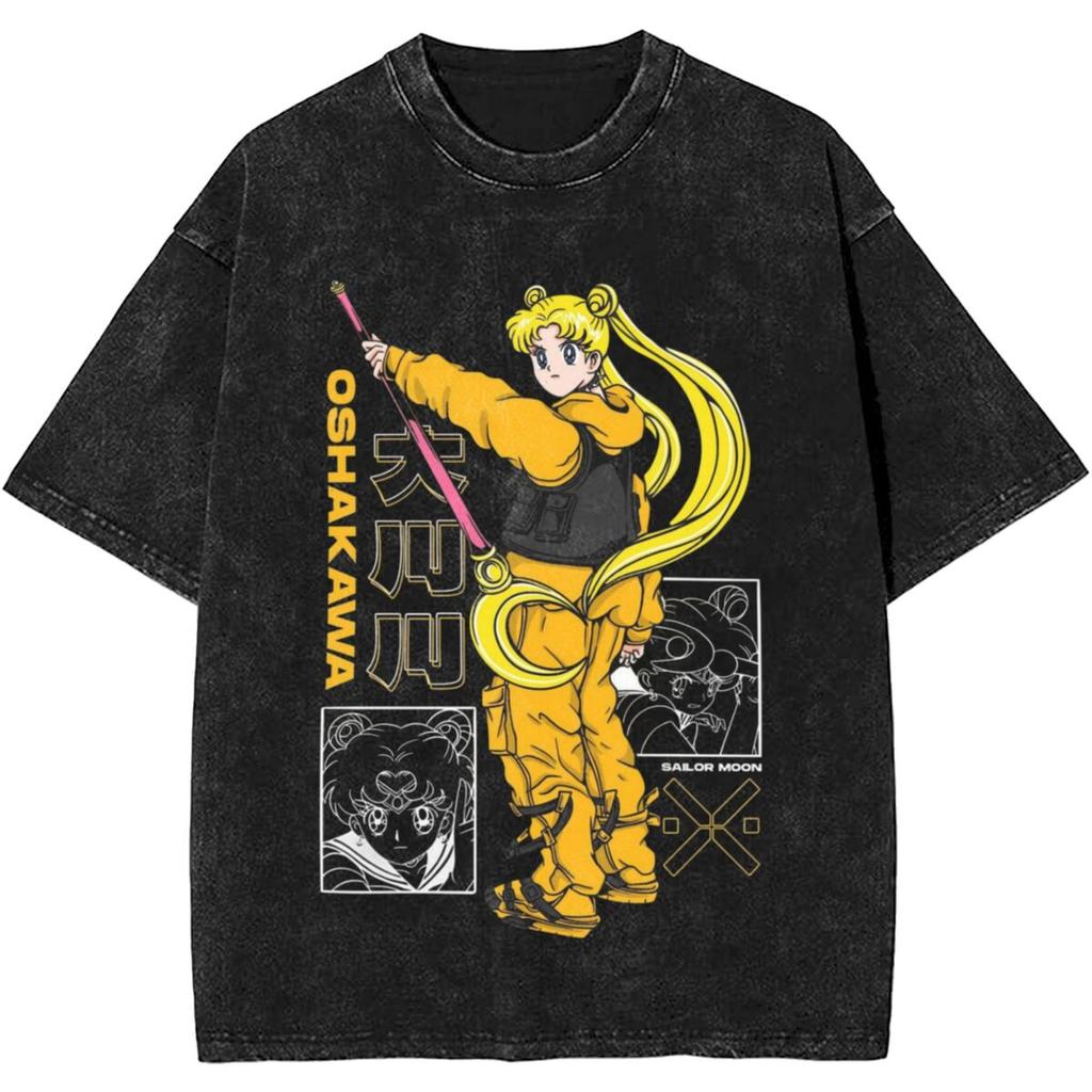 Sailor Moons Vintage Vasket T-skjorte Menn Kvinner 100% Bomull Casual T-skjorte O-hals Anime Tees Kortermet Klær Pluss Størrelse