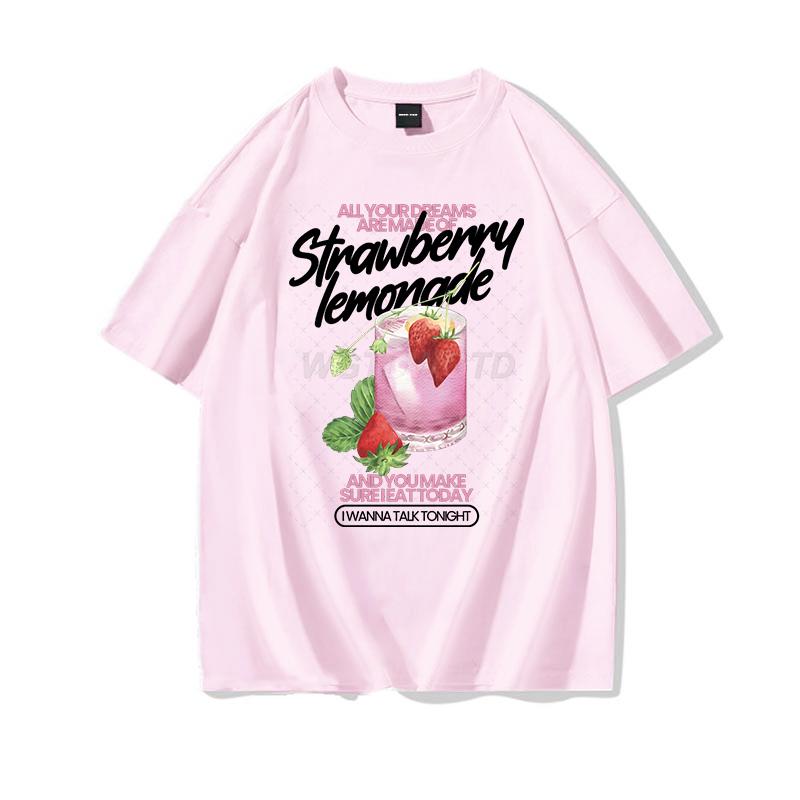 Strawberry Lemonade T-Shirt Cotton Summer Tops Women's Clothing Pink Strawberry Top Girl Outfits Gift Fashion Casual T-shirts
