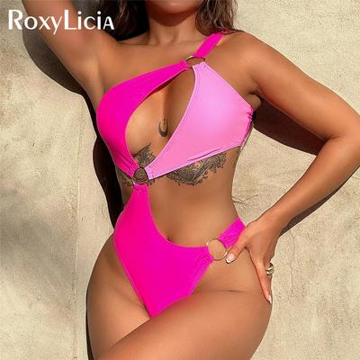 Sexy Asymmetric Splicing One Shoulder Women Swimwear One Piece Swimsuit Female Monokini Cut Out Bather Bathing Suit Swim