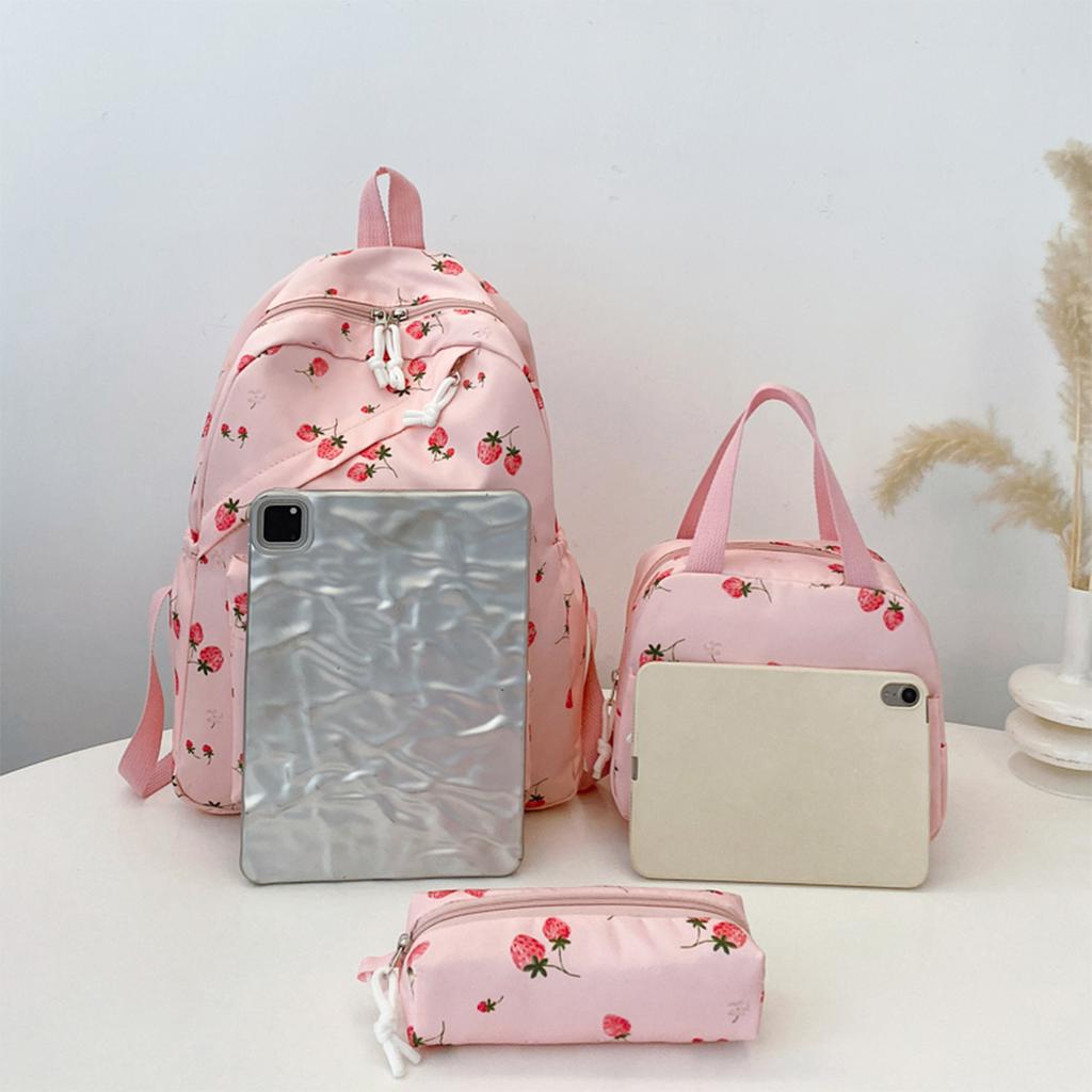 Fashionable Cute Strawberry Backpack Set 3Pcs Handbag&Pen Pouch Quilted Nylon Women's Dual Zipper Campus Commute Essentials