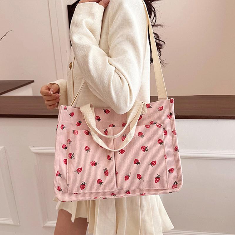 Corduroy Strawberry Print Tote Bag Women Large Capacity Shoulder Bag With Multiple Pocket Adjustable Strap Commut Casual Handbag