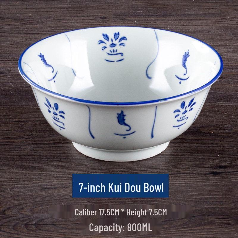 Vintage Ceramic Blue & White Bamboo Flower Bowl - Rustic Farmhouse Tableware, Ideal for Rice & Noodles