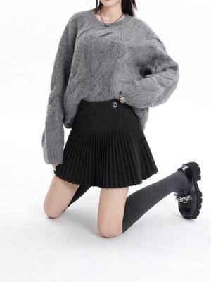Elastic Waist Woolen Pleated A-Line Mini Skirt - Preppy Style for Autumn/Winter