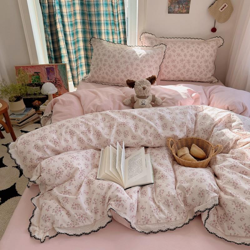 Soft Cotton Bedding Set With Lace Trim Floral Print French Style Queen King Twin Size 4 Piece