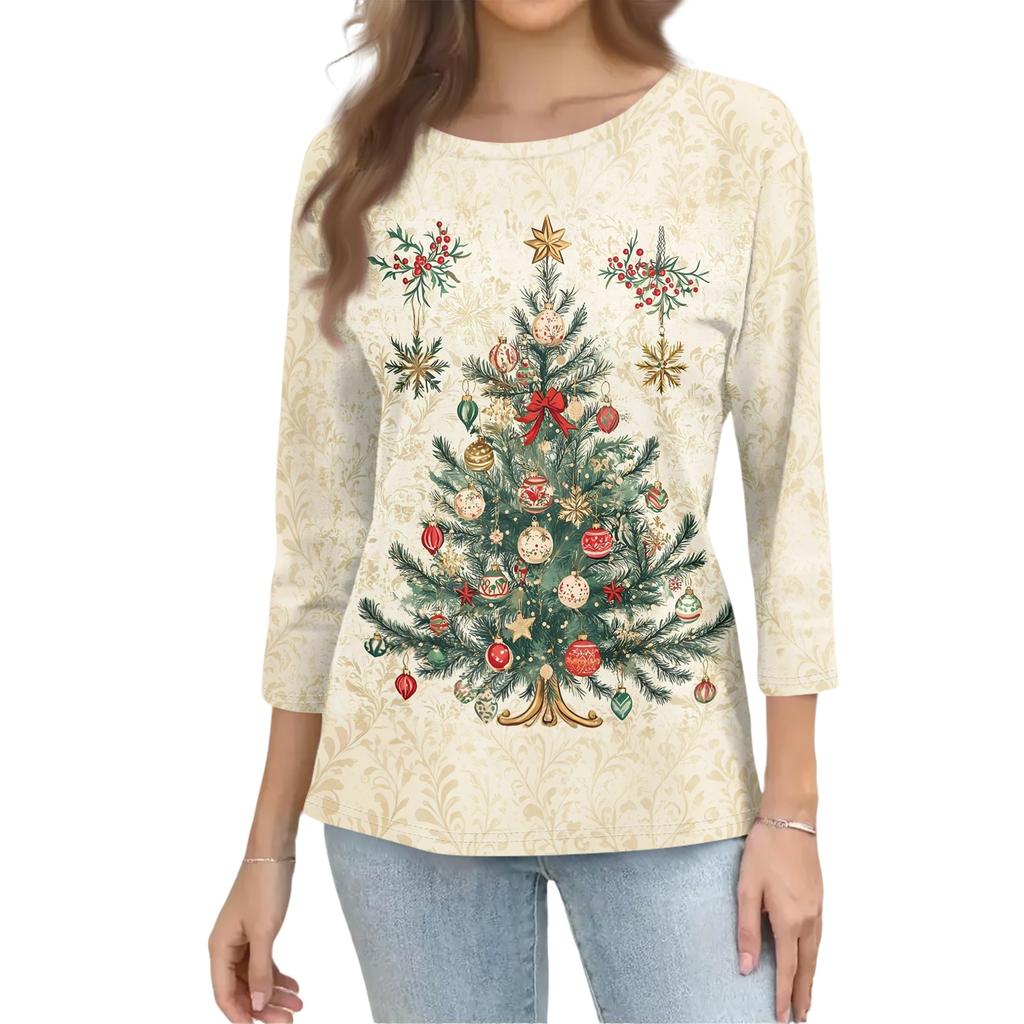 Top casual da donna con stampa natalizia e maniche a tre quarti