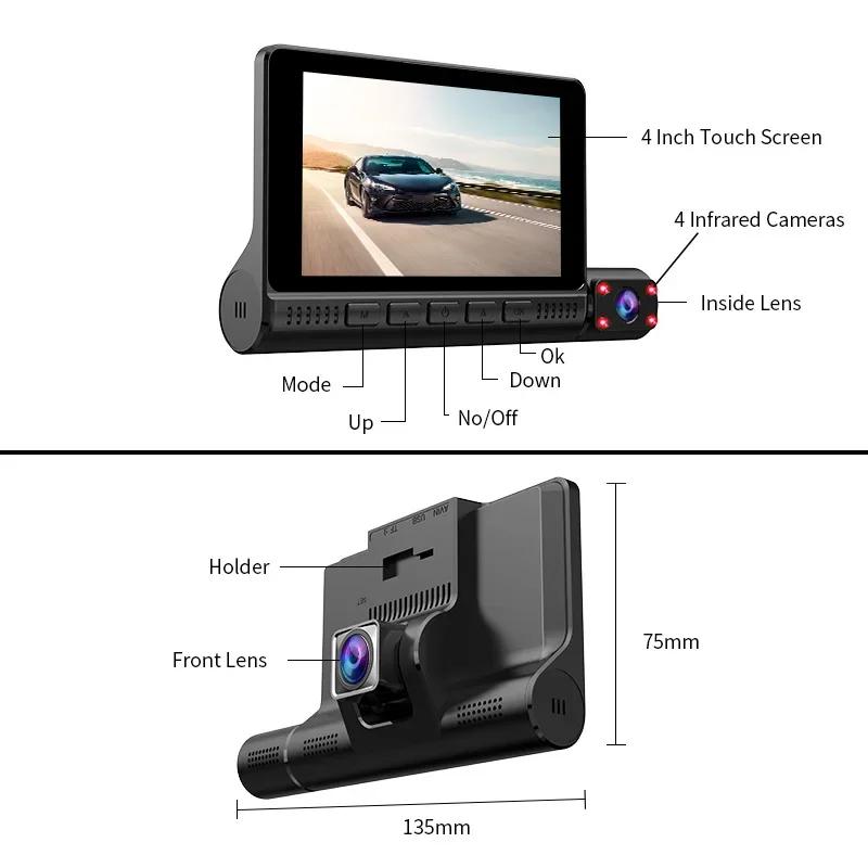 Caméra de tableau de bord DVR pour voiture 4 pouces pour voitures Enregistreur vidéo à 3 objectifs Carplay Dvr Miroir Boîte noire IPS 1080P HD Écran tactile Accessoires de voiture
