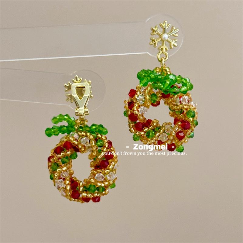 3D Christmas Tree Earrings with Red Bow - Heavy Beaded Crystal Ear Clips, Hand-Woven Holiday Accessories