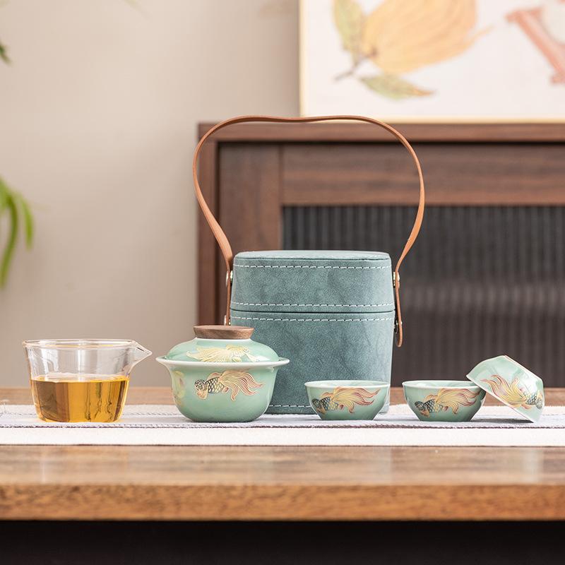 Celadon Travel Tea Set Portable Storage Outdoor One Pot Three Cups Car Tea Small Set Business Souvenir