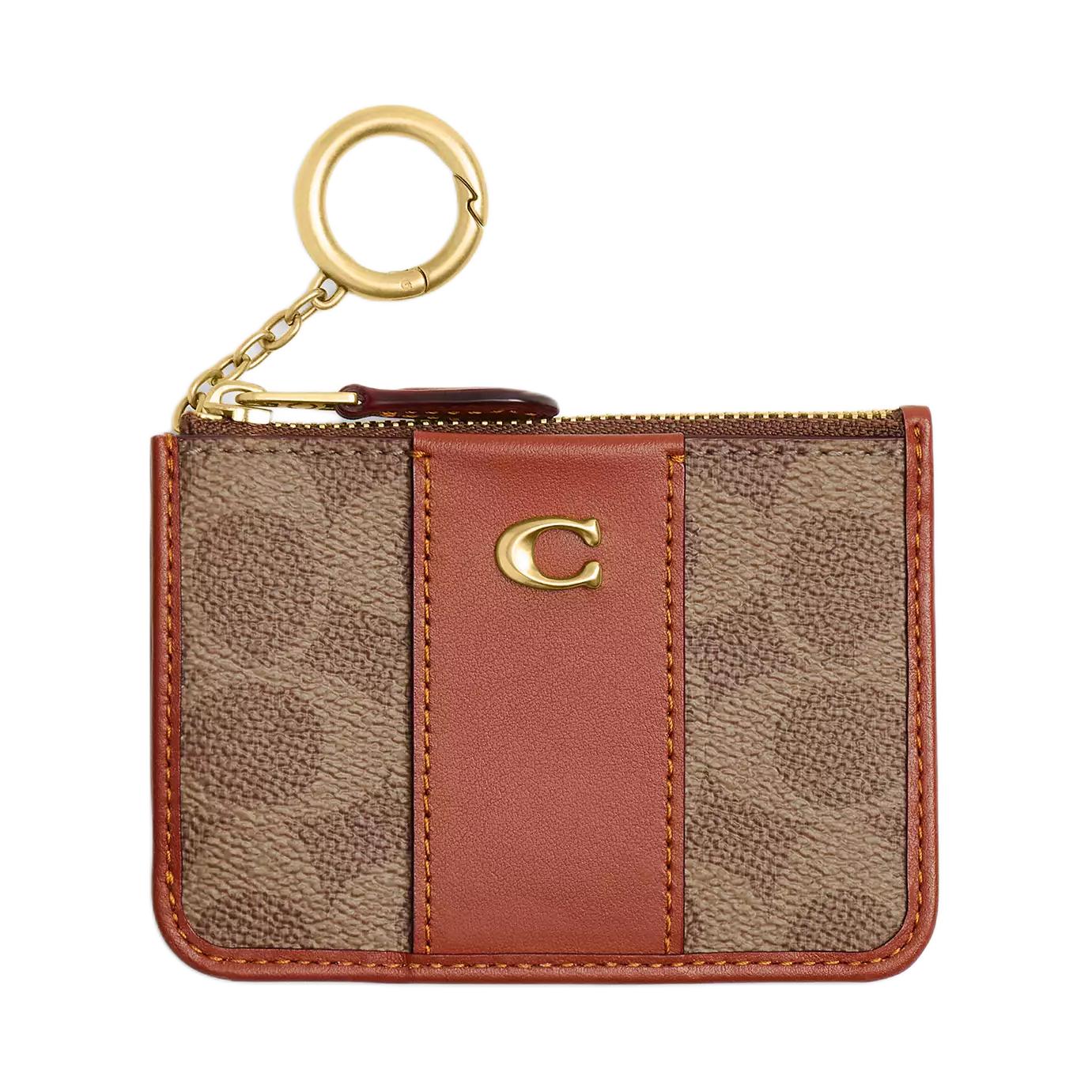 Coach Skinny ID Case Signature Logo Print Patchwork Design Coated Canvas And Calfskin Card Holder Women Card Holder Brown Caramel CI185-B4XHG Tan & Caramel
