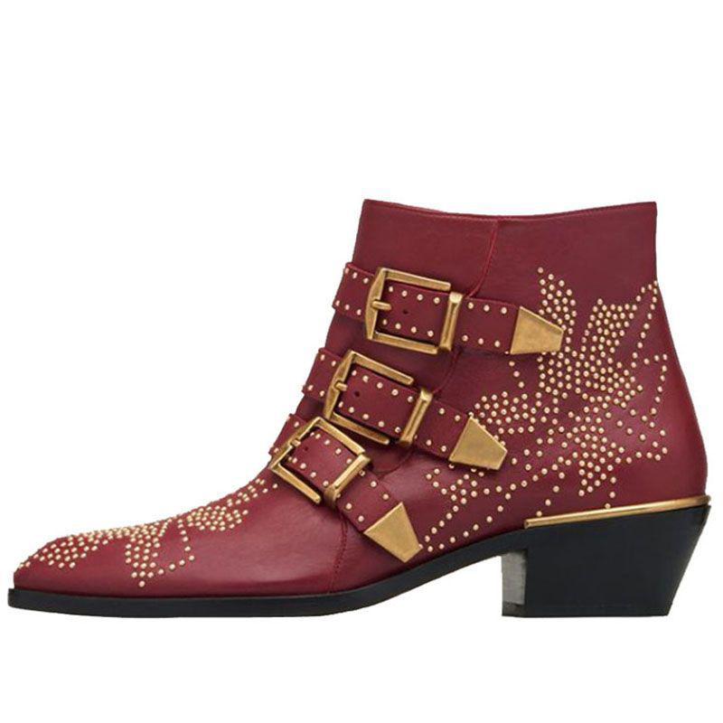 Fashion Brand Catwalk Rivet Cow Leather Short Boots Autumn Winter Retro Large35-45 Ankle Boots4cm Thick Heel Rock Night Club Women Shoes