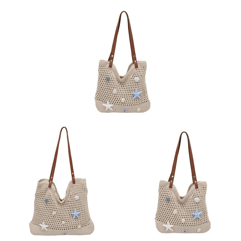 Handwoven Straw Tote Bag With Starfish And Shell Decor For Beach Summer Travel Womens Fashion