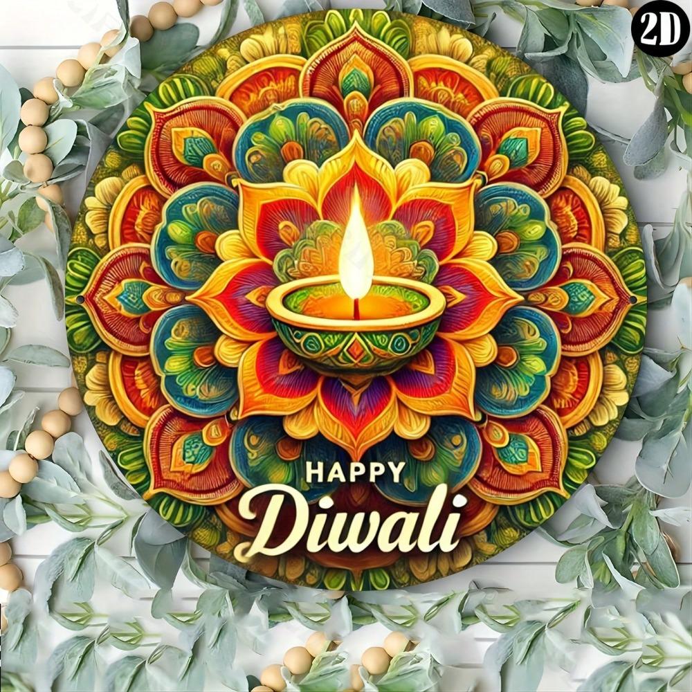 Metal Wall Art Hindu Festival Diwali Round Sign Home Office Decor Durable Aluminum Gift for Cafe Bar Living Room Indoor Outdoor