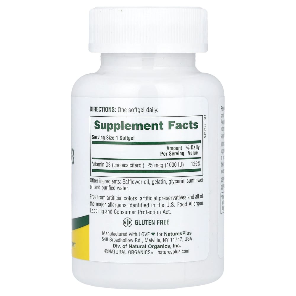 Nature's Plus Vitamin D3 25mcg (1000 IU) Softgels, 180 Count