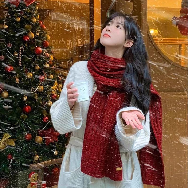 Winter Women's Versatile Korean Style Knitted Wool Red Scarf High-end Christmas Gift Couple Neck Warmer