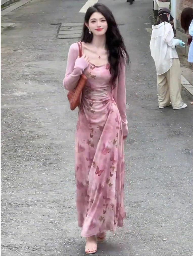 Elegant Floral Print Camisole Dress & Cardigan Set for Women - French Style, Slim Waist