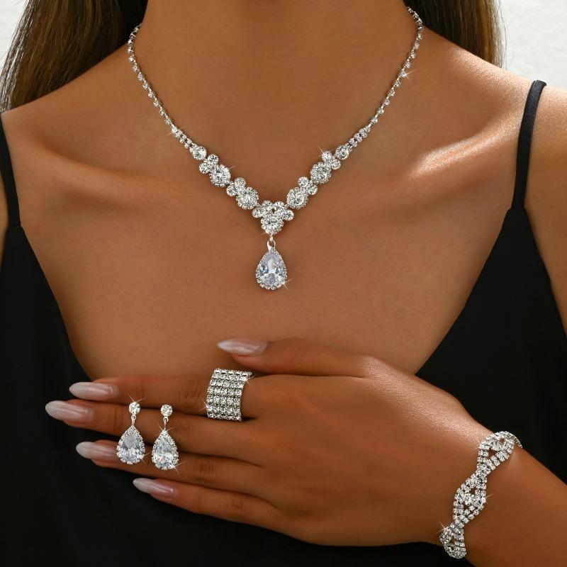 Luxury-lite Zirconia Necklace, Earrings, Bracelet and Ring Set - Fashionable and Exquisite