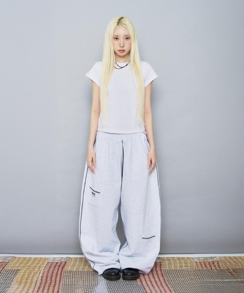 Ssobi Stitch Curved Long Pants [White Melange]
