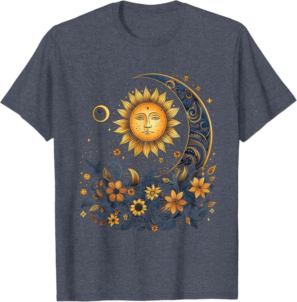 Mystic Sun and Moon Floral Graphic T-Shirt Men Casual Print O-Neck Breathable Trip Tee