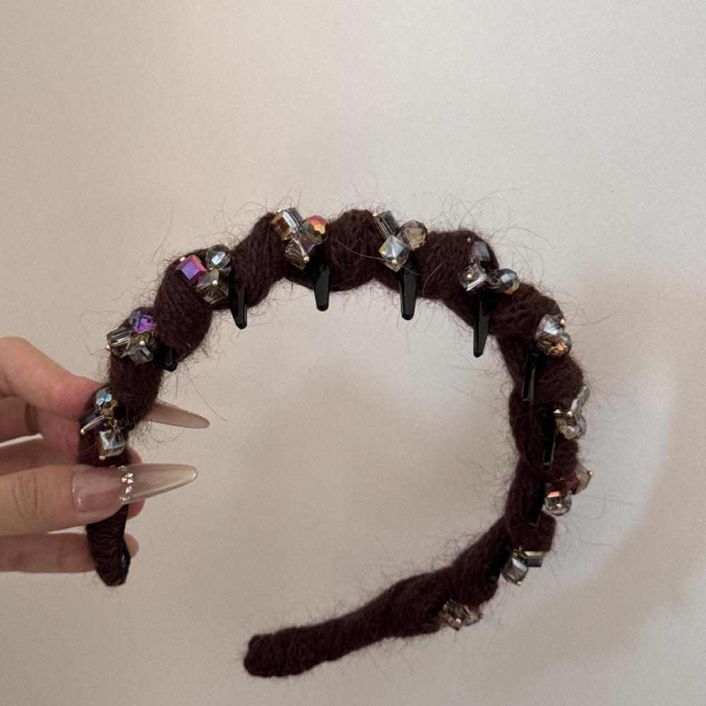 with Toothed Comb Plush Wave Headband Rhinestone Autumn Winter Hairband  for Gift кофейный