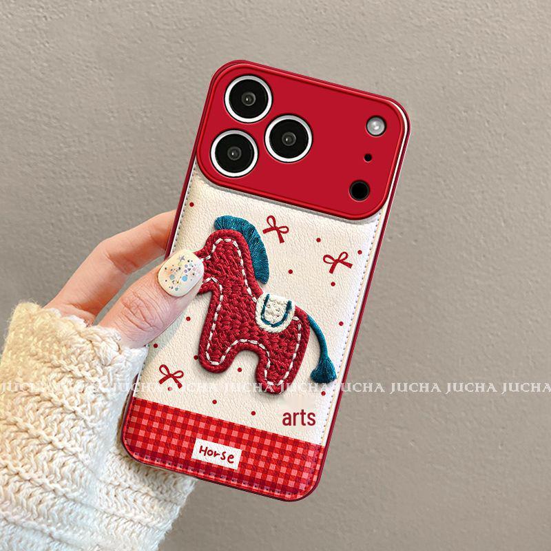Apple Phone Case with Lanyard: Cute, Embroidered Little Horse Design for iPhone 17, 16 Pro Max, 15, 14