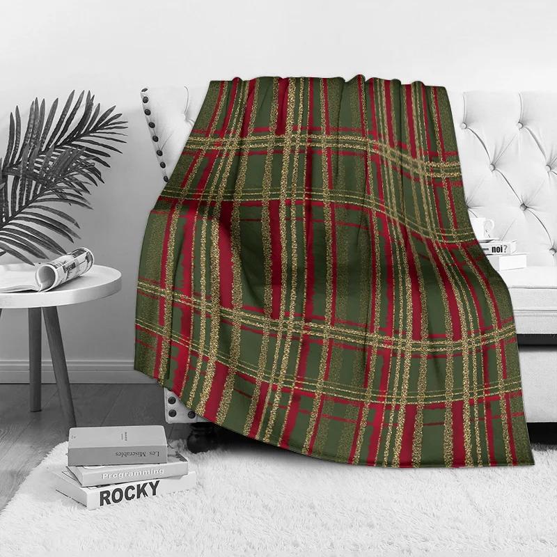 Burgundy Green Plaid Fleece Blanket, Gold Thread Accents in Classic Checkered Pattern, Cozy Reading Nook Throw for Sofa 75x90cm