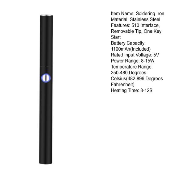1 Set Electric Soldering Iron 1100mAh Battery 510 Interface Removable Tip One Key Start USB Charging 8-15W Cordless Soldering Iron Soldering