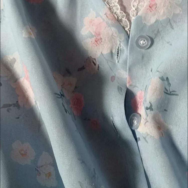 Women French Style Blue Floral Long Sleeve Chiffon Blouse Spring Beautiful Top