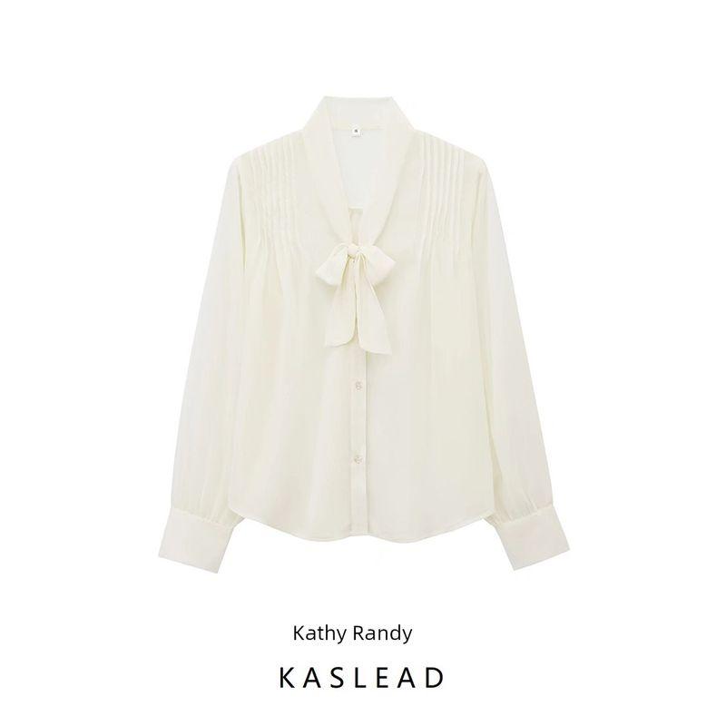 Kaslead New Arrival Women's Fashion Style Stylish Simple and Versatile Wrinkle V Neck Bows Translucent Shirt
