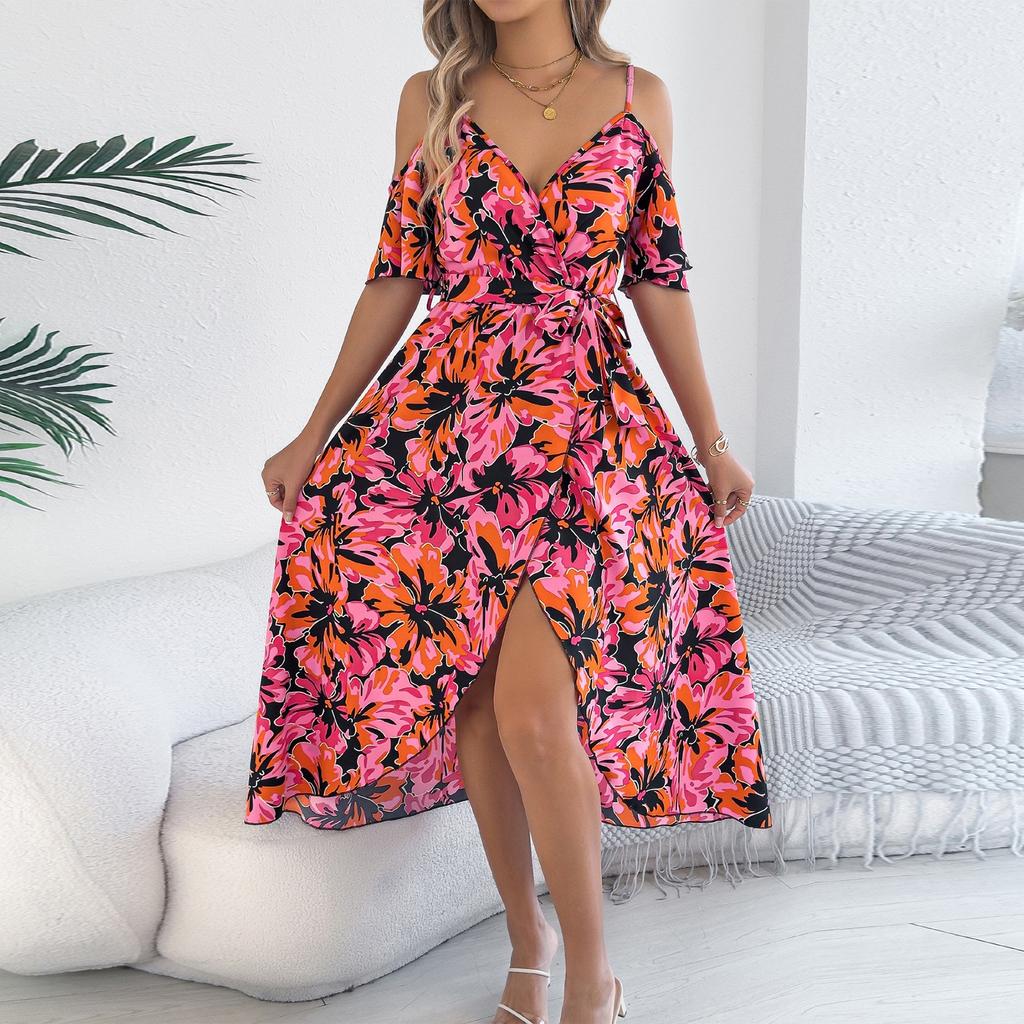 Women's Fashionable Off Shoulder Cross V-neck Flower Short Sleeve Printed Strap Holiday Dress