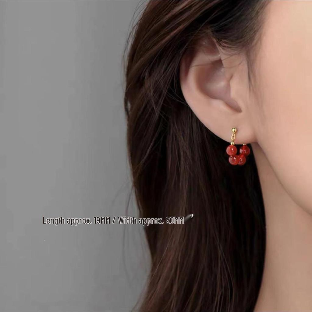2023 Light Luxury Red Bead Stud Earrings for Women - 925 Sterling Silver