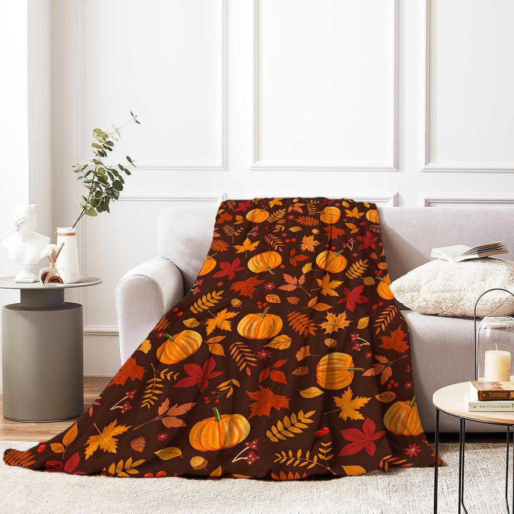 Coperta autunnale per il Ringraziamento, con stampa in flanella a foglia d'acero e zucca, super morbida e accogliente, perfetta come regalo per lei