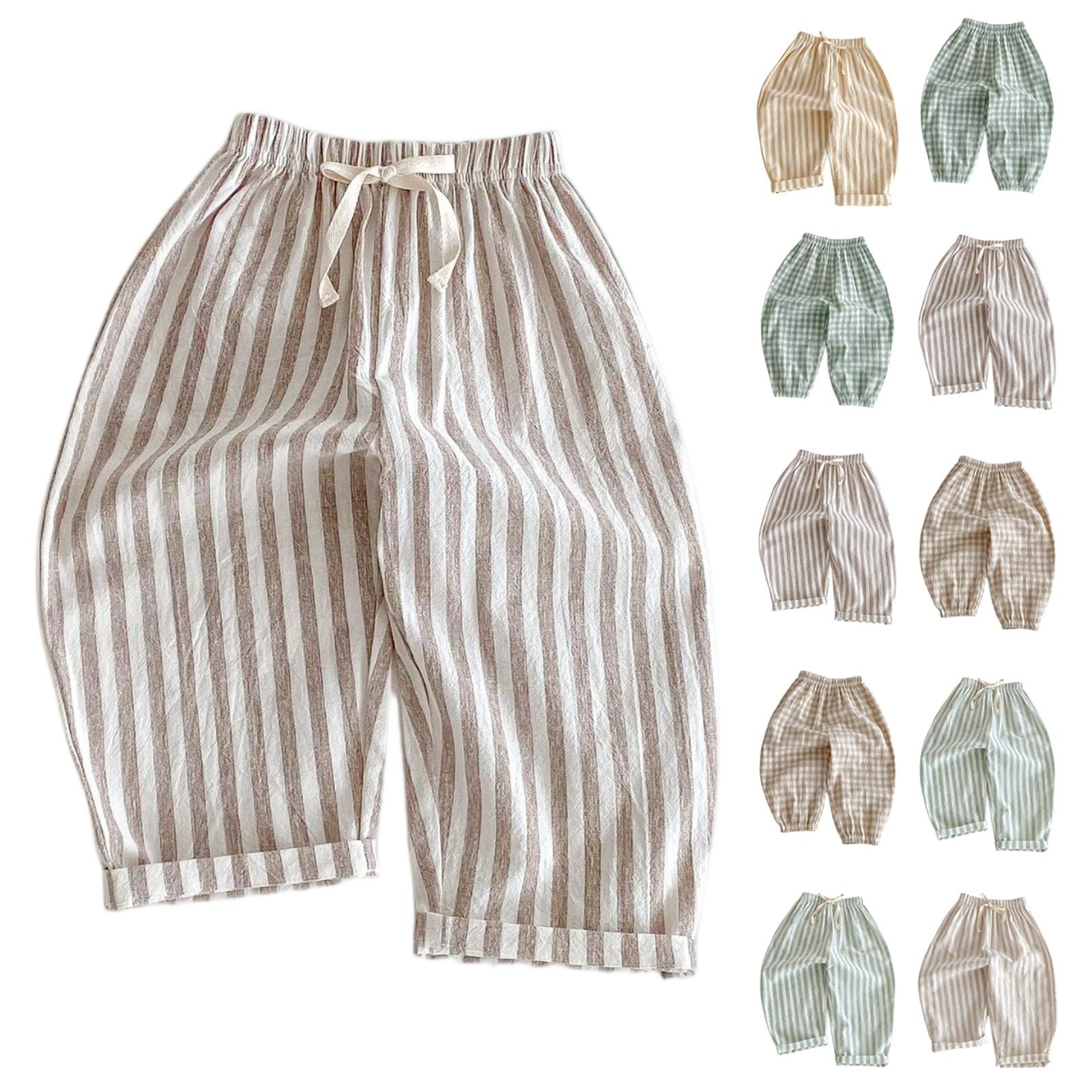 

Kids Striped Drawstring Pants - Linen Cotton Loose Fit Trousers 90 жовтий