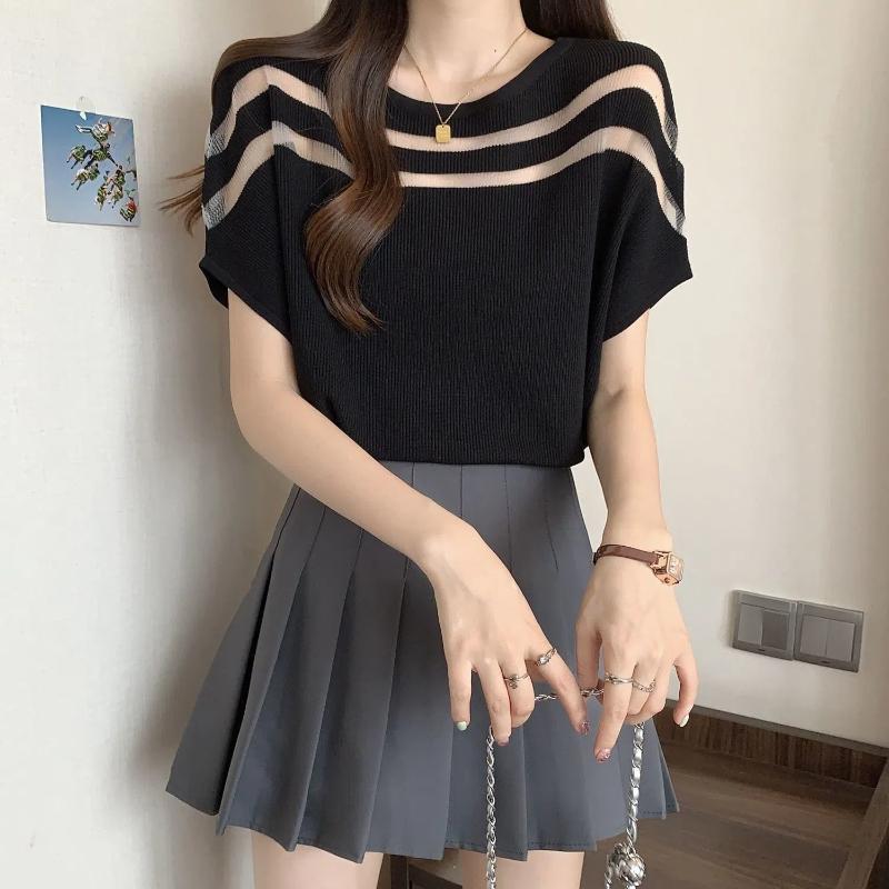 O-Neck Women's Summer New Spliced Screw Thread Batwing Sleeve Fashion Loose Ice Silk Knitted Short Sleeved Tops