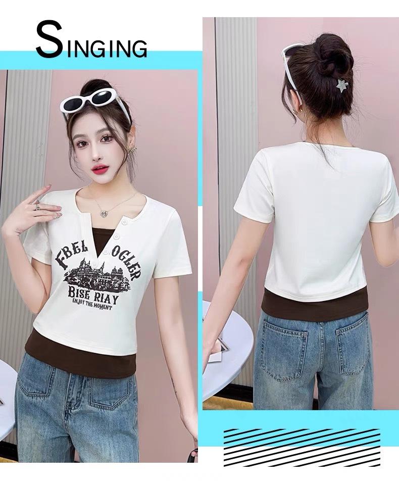 Women's 2024 Summer V-Neck Slimming Two-Piece Style Short Sleeve T-Shirt - Versatile and Age-Reducing.