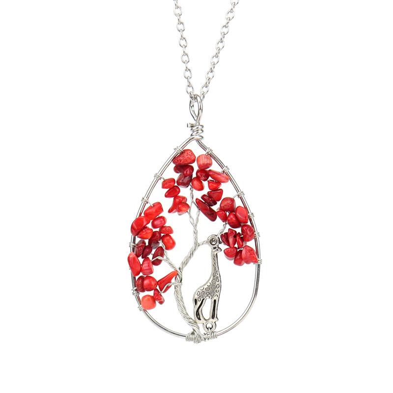 Handmade Copper Wire Wound Natural Gravel Crystal Giraffe Life Tree Fortune Tree Necklace N53