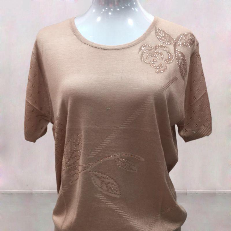Women's Casual Knit T-shirt Round Neck Short Sleeve Hollow Out Top with Rhinestone Floral Pattern