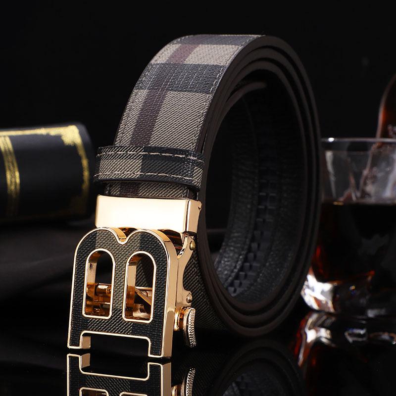 Men's Genuine Leather Belt - Cowhide Plaid with Automatic Buckle, Versatile Business & Fashion Style