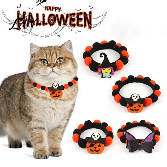 Photogenic Pet Collar Design Halloween Pom-pom Cat Collar, Adjustable Cute Pumpkin Bat Witch Dog Orange And Black Pom-poms for Cats Dogs