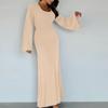 Women's Elegant Tie-Waist Knitted Dress Horn Sleeve Maxi Dress For Women U Neck Solid Color Long Dress Ribbed Bodycon Fall Dress