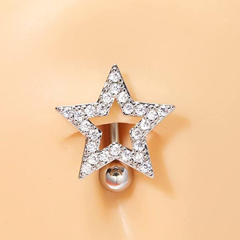 Reversed Bar Star Moon Four-leaf Clover Navel Piercing Nombril for Women Girl Crystal Belly Button Ring Inverted Barbell Jewelry