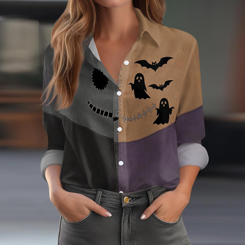 Women's Long Sleeve Button Down Shirt Casual Regular Fit Halloween Print Shirt Top with Classic Collar and Full Button Closure