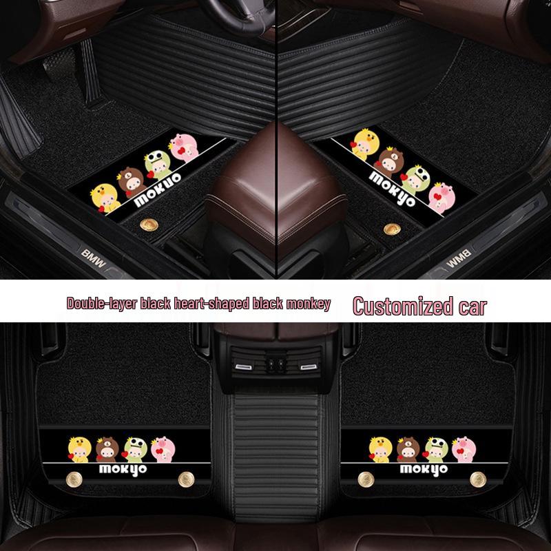Custom Leather Car Floor Mats for Women - Cartoon Design, Double-Layer, Full Coverage