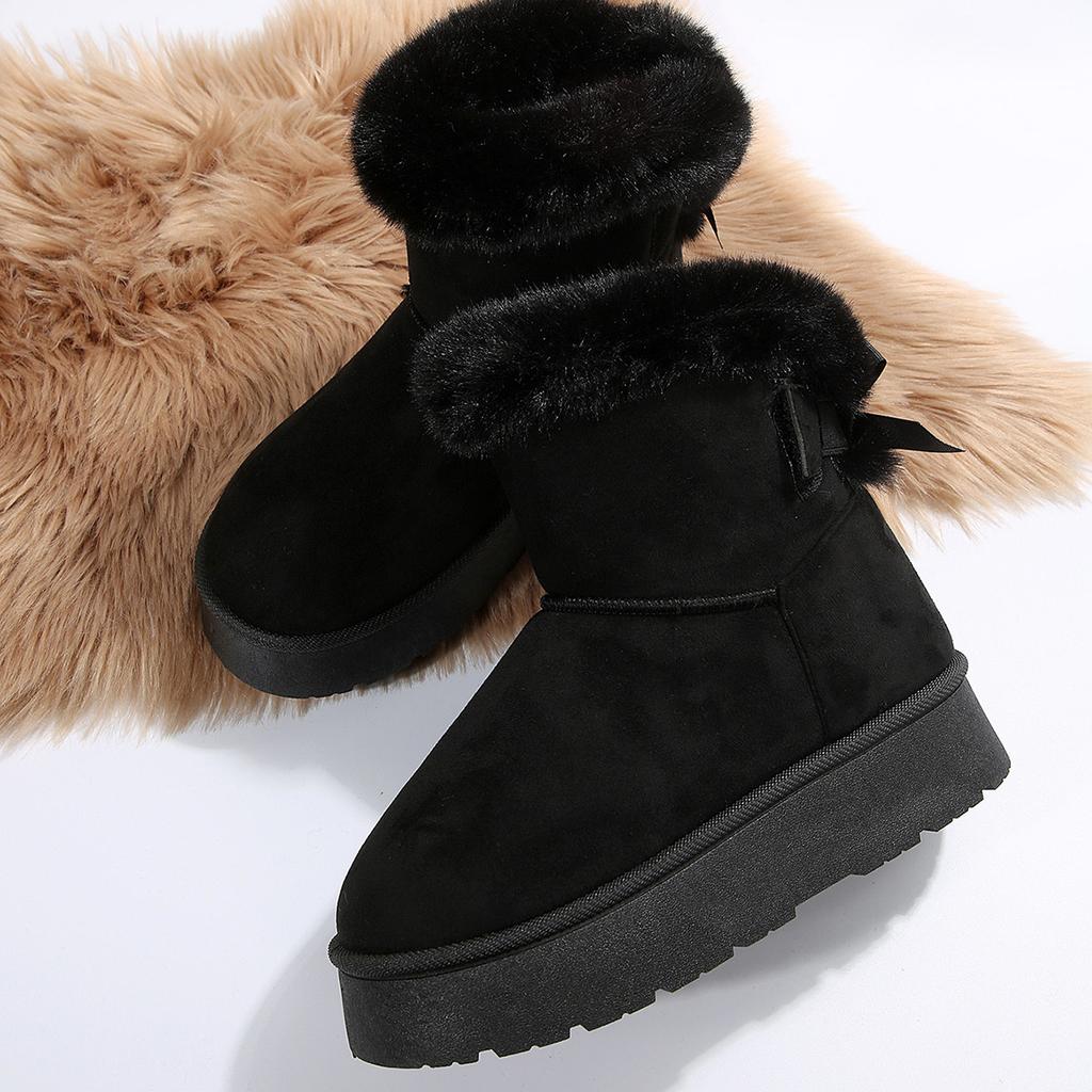 Fashion Snow boots women 2025 winter plush and thick fur boots suede bow thick bottom sleeve short boots