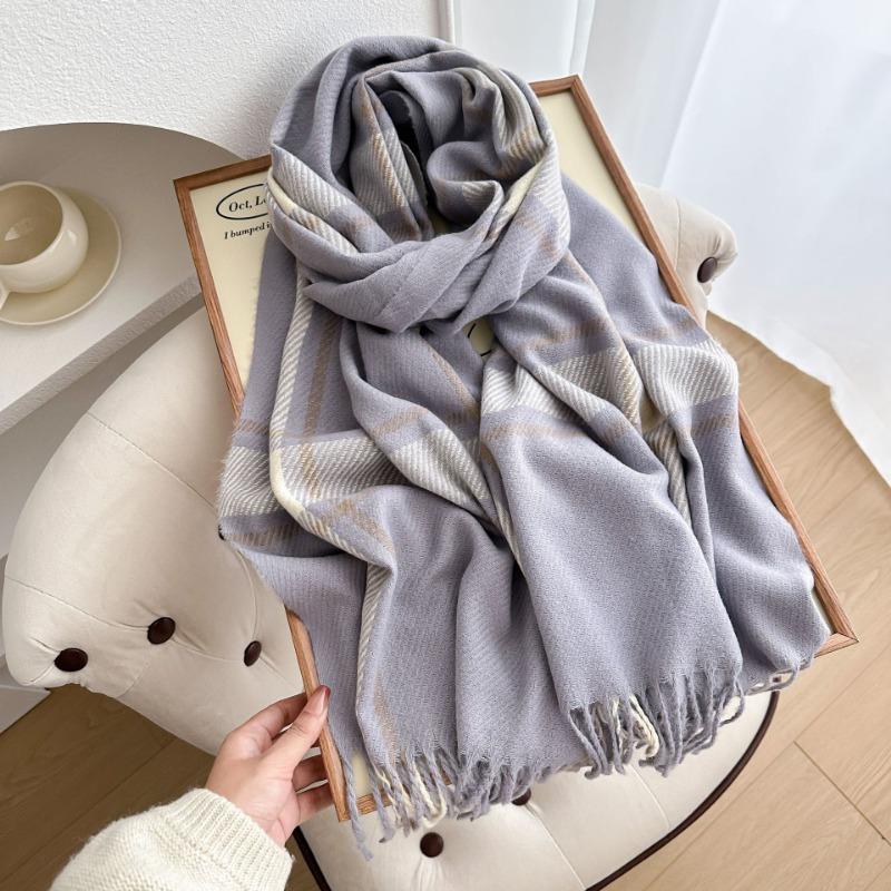 Autumn and Winter Warm White Scarf Women's Thickened Atmosphere Scarf Student Imitation Cashmere Plaid Fringed Shawl